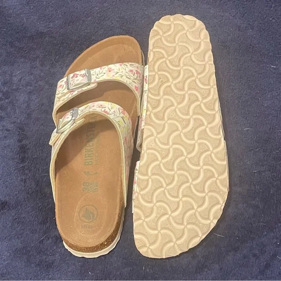 White floral Birkenstocks, lightly worn. - Picture 3 of 4